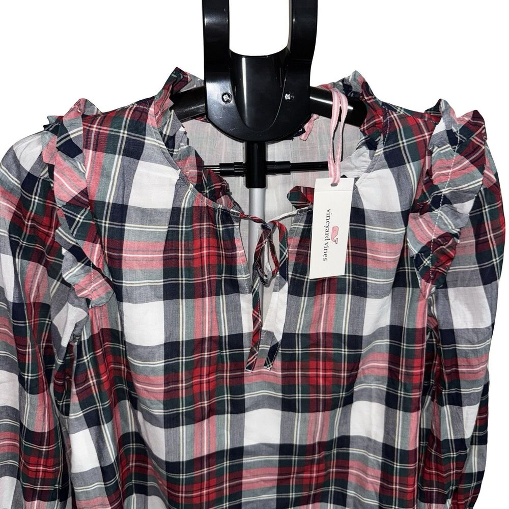 Vineyard Vines Blackwatch Ruffle Popover Woven Plaid Top Size XS NWT Red Blue - Picture 3 of 12